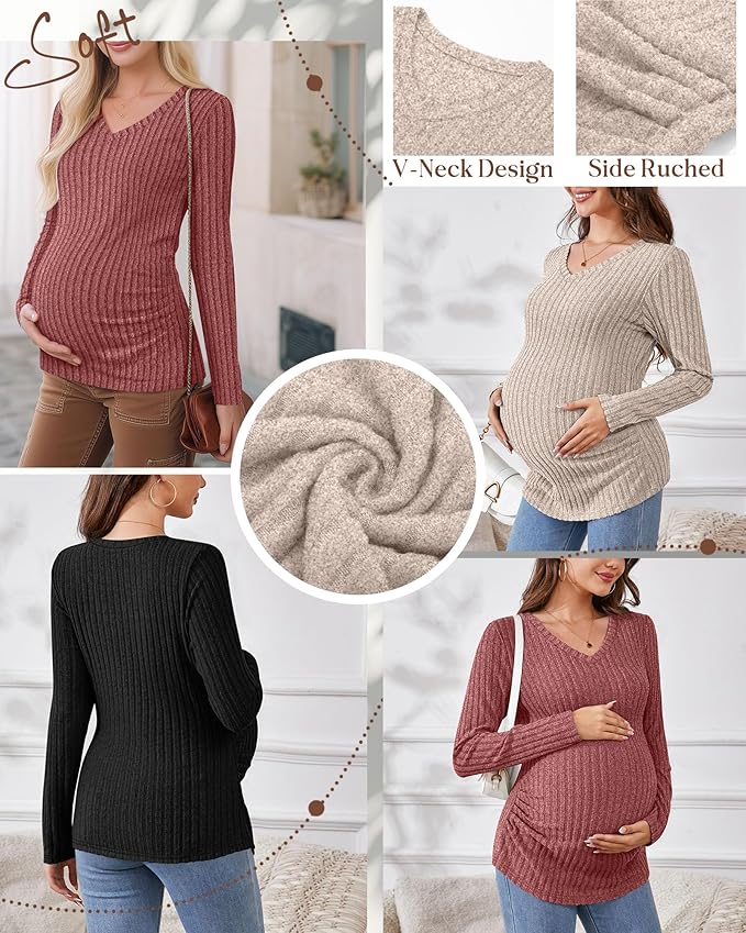 Ficerd 3 Pack Women's Maternity Shirts Ribbed Long Sleeve Pregnancy Tops V Neck Knit Side Ruched Pregnant Clothes Sweater