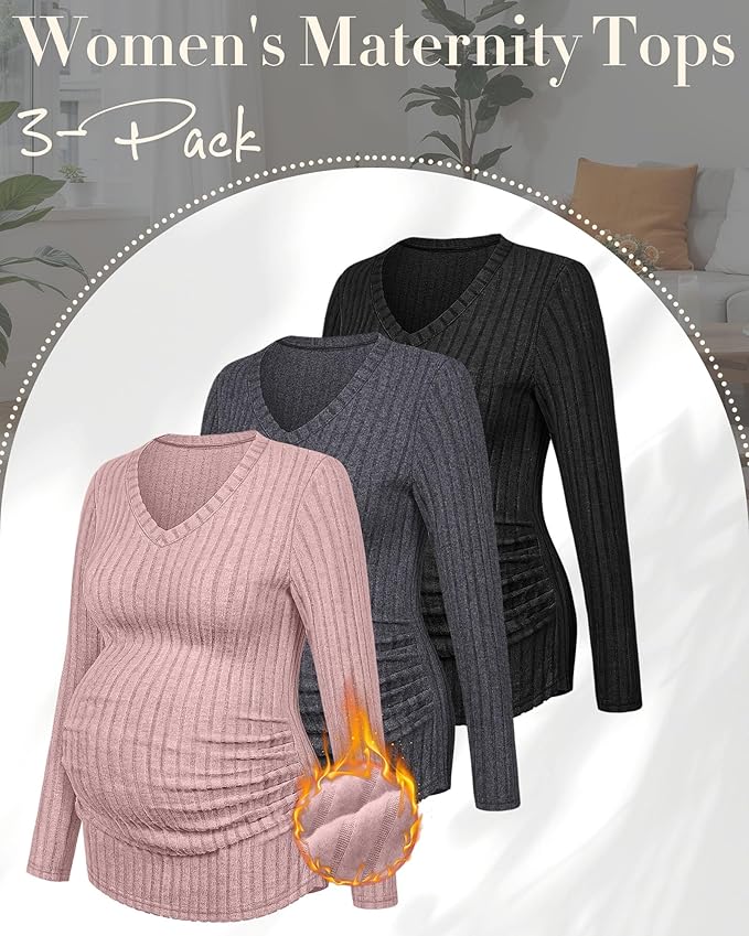 Ficerd 3 Pack Women's Maternity Shirts Ribbed Long Sleeve Pregnancy Tops V Neck Knit Side Ruched Pregnant Clothes Sweater