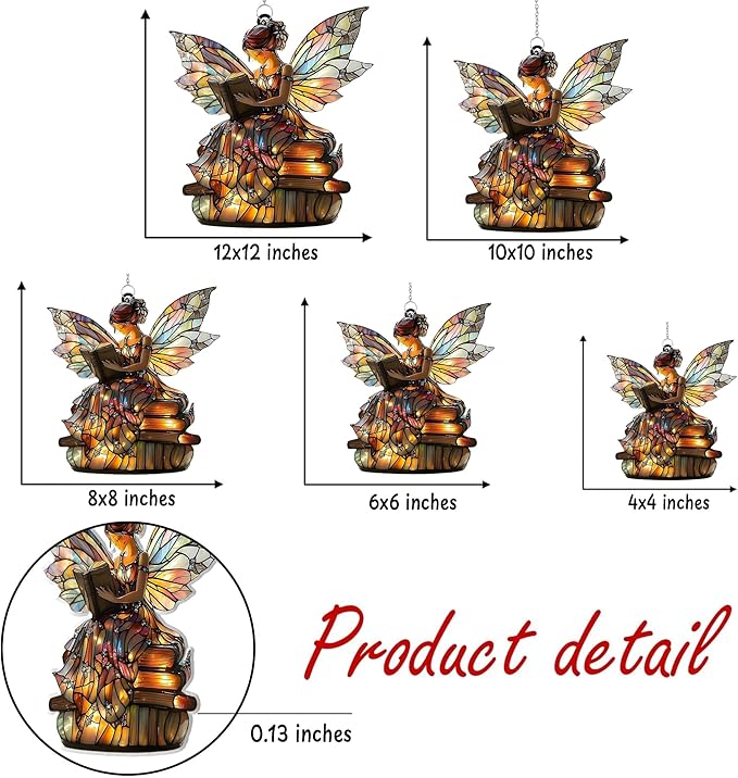 Book Fairy Acrylic Suncatcher Stained Glass Effect Window Car Hanging Christmas Ornament Indoor Outdoor Decor Garden Sun Catcher Panel Gifts for Fairy Tale Lover for Women Mom Grandma