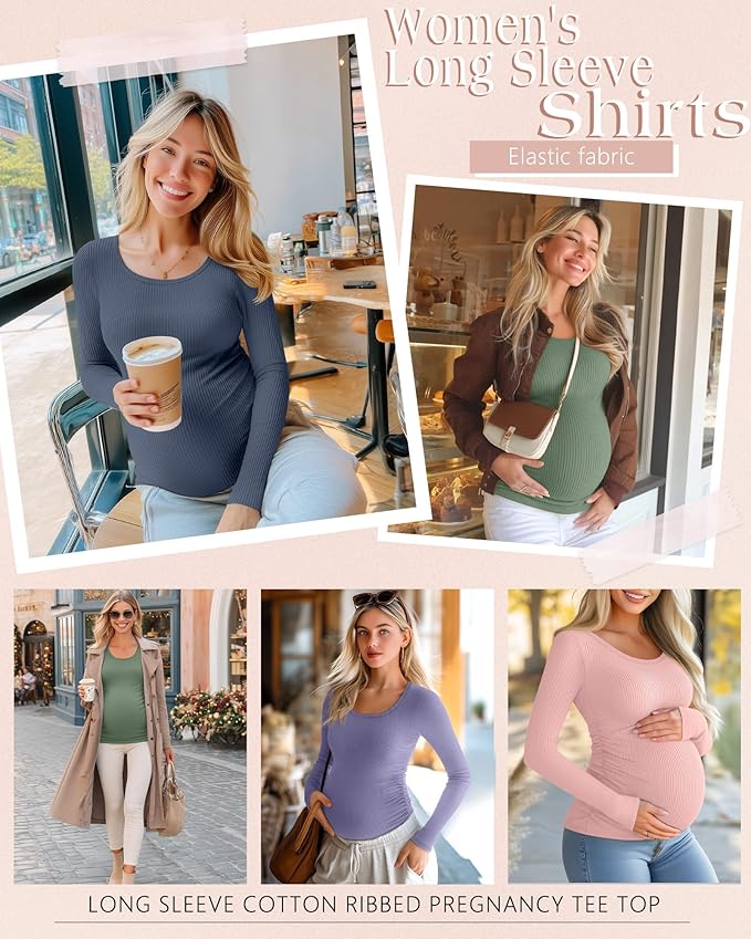 Riyiper 4 Pack Women's Maternity Shirts, Long Sleeve Cotton Ribbed Pregnancy Tee Top Crewneck Side Ruched Casual Mama Clothes