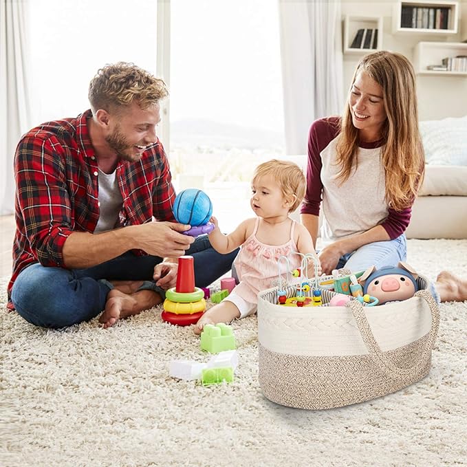 Maliton Baby Diaper Caddy Organizer, X-Large Cotton Rope, Rustic Style, Portable, 3 Compartments, A-Brown