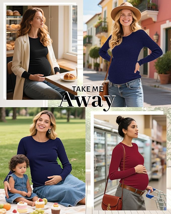 Riyiper 3 Pack Women's Maternity Shirts Long Sleeve Ribbed Knit Pregnancy Tees Cotton Crewneck Tunic Clothes Casual Fall Tops