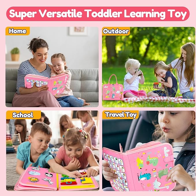 Qizfun Busy Board Montessori Toy for Toddlers, Educational Sensory Learning Toy for Fine Motor Skills, Preschool Travel Toy for Airplane & Car, Gifts for Boys and Girls