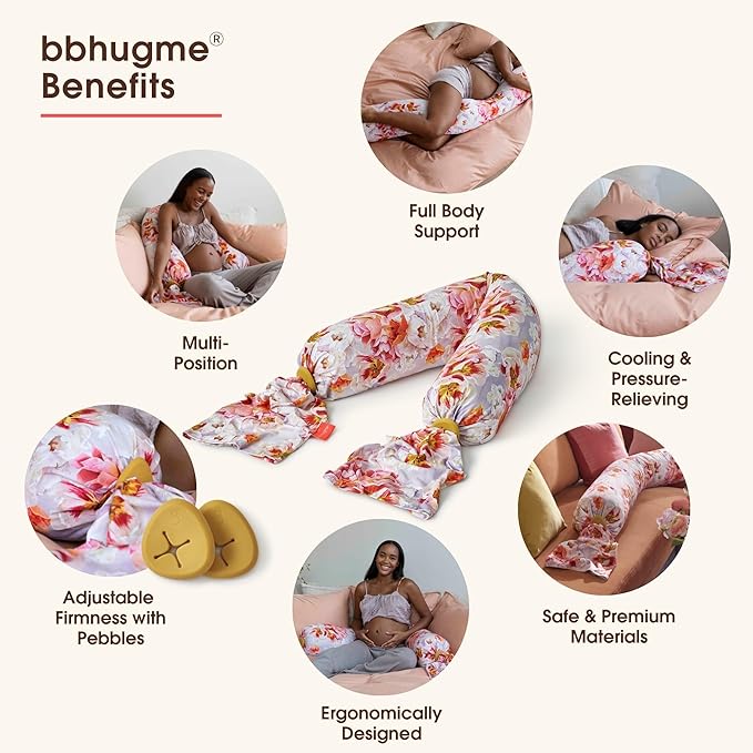 bbhugme Adjustable Pregnancy Pillow – Full Body Support for Side Sleeping - Adjustable Firmness and Shape - Supports Back, Legs, Belly, HIPS for Pregnant Women - Removable Cover - Blushing Roses