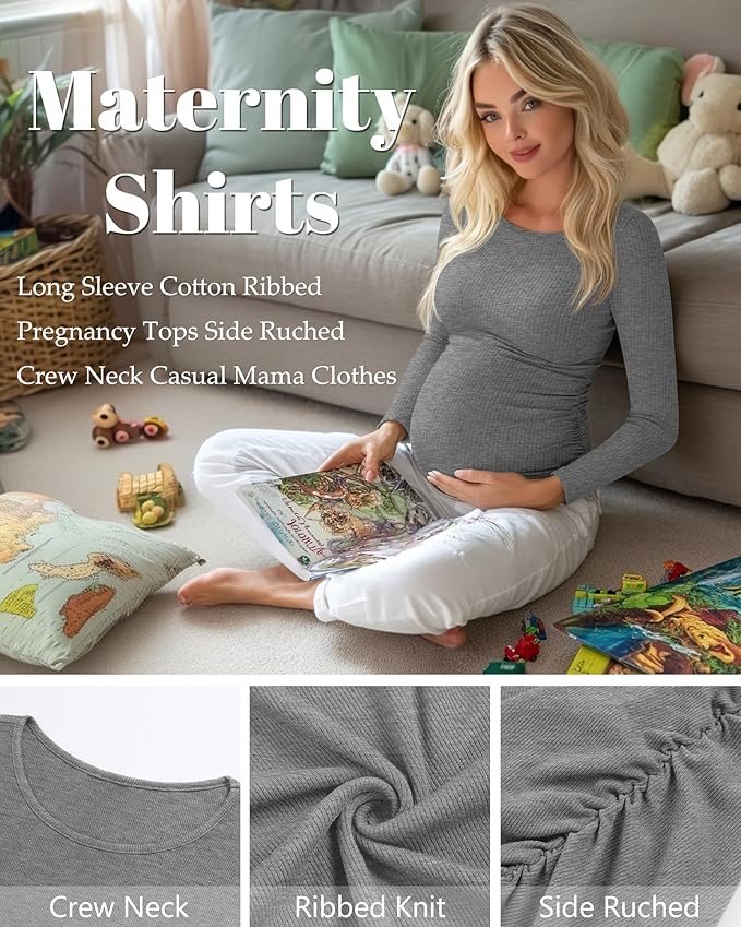 Huukeay 4 Pack Women's Maternity Shirts, Long Sleeve Cotton Ribbed Pregnancy Tops Side Ruched Crew Neck Casual Mama Clothes