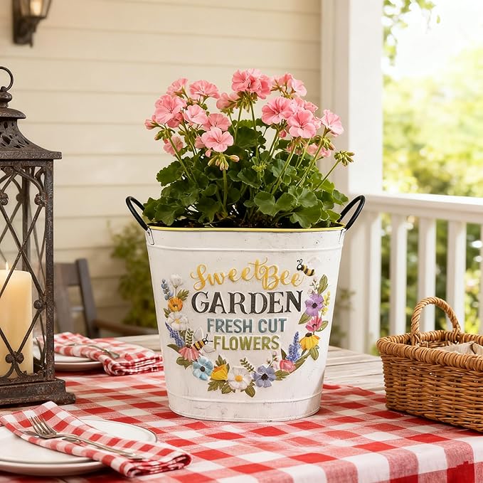 Set of 2 Sweet Bee Garden Metal Planter Buckets, Rustic Farmhouse Flower Pots with Handles, Decorative Indoor Outdoor Gardening Containers for Succulents, Herbs, Home & Porch Decor