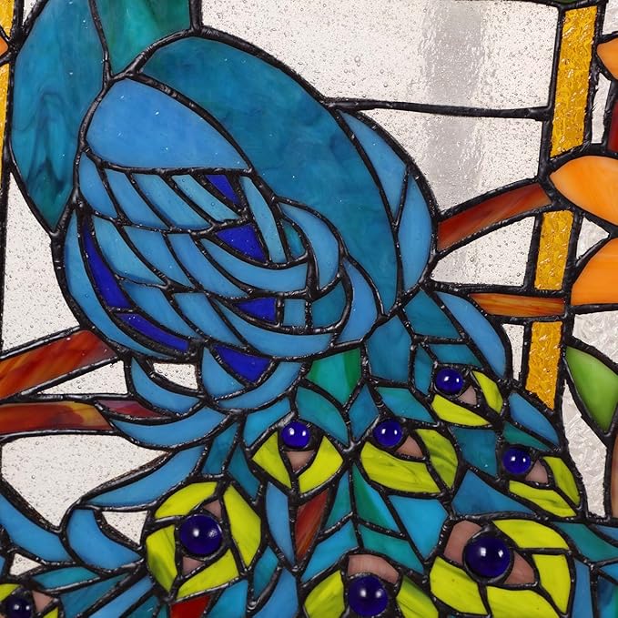 Bieye W10011 Peacock Tiffany Style Stained Glass Window Panel Hangings with Chain, 15" W x 23" H