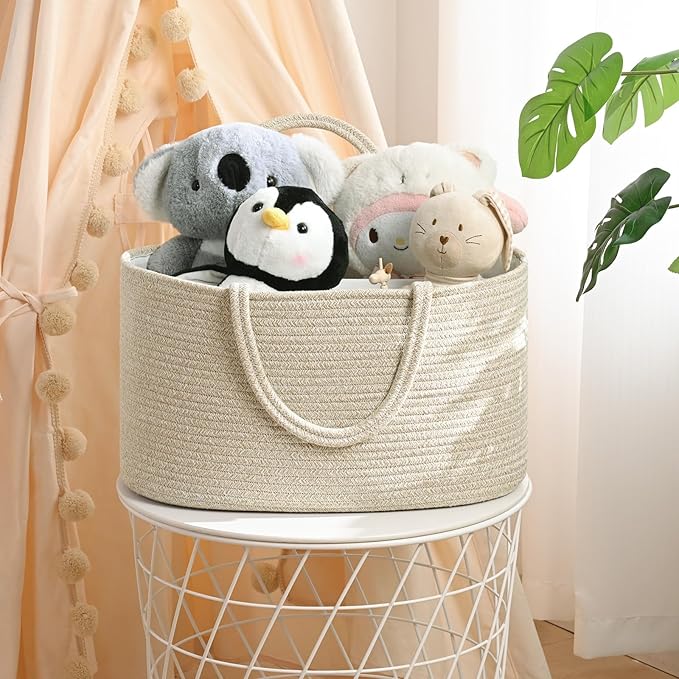 Baby Diaper Caddy Organizer, Cotton Rope Diaper Basket, Baby Basket for Changing Table, Nursery, Car, Changing Table Storage Bin With Removable Divider, Baby Shower Gifts for Newborn, Baby Essentials