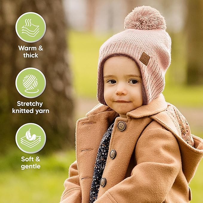 Baby Beanies, Baby Hats for Boys, Girls - Cute Toddler Winter Hat, Soft & Stretchy Beanies for Infant, Newborn 6-36 Months, Cozy & Warm with Earflap Muff & Pom (Blush)
