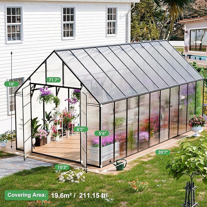 CDCASA 20x10x10 FT Greenhouse for Outdoors, Easy Assembly Large Thicker Aluminum Heavy Duty Polycarbonate Greenhouses Kit w/4 Vents, Swing Door, Outside Walk-in Green House for Sunroom Patio,Backyard