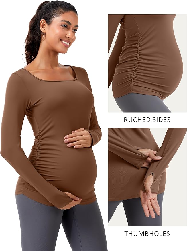 MathCat Maternity Long Sleeve Shirt with Thumbleholes, Maternity Tops Squar Neck Side Ruched Pregnancy Yoga Casual Tee