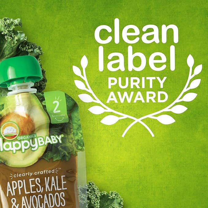 Happy Baby Organics Stage 2 Baby Food Pouches, Gluten Free, Vegan & Healthy Snack, Clearly Crafted Fruit & Veggie Puree, Pears, Zucchini & Peas, 4 Ounces (Pack of 16)