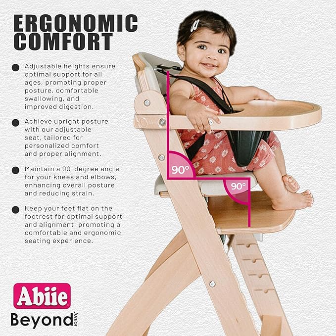 Abiie Beyond Junior Wooden High Chair with Tray - Adjustable and Convertible High Chair for Babies and Toddlers - 6 Months to 250 Lb - Water Resistant - Natural Wood/Dove Grey Cushion