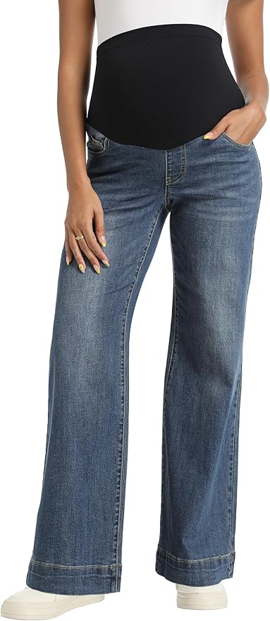 Foucome Women's Maternity Jeans Wide Leg Trendy Comfy Stretchy Straight Leg Pregnancy Denim Pants