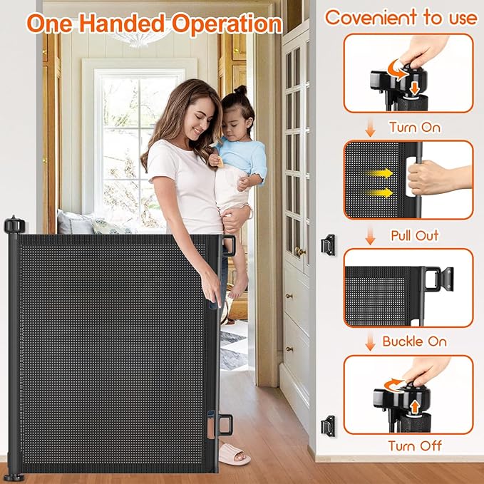 71 inch Retractable Baby Gates, EZIGO Extra Wide Baby Gate for Large Opening Extra Long Mesh Gate for Kids or Pet Dog Gate Child Safety Gate for Stairs Hallways Doorway Indoor Outdoor, Black