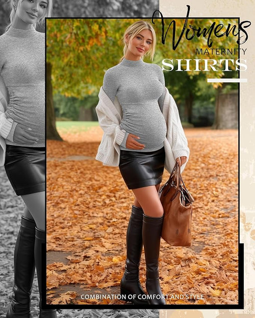4 Packs Womens Maternity Shirts Long Sleeve Cotton Ribbed Pregnancy Mock Neck Side Ruched Workout Tops for Mama