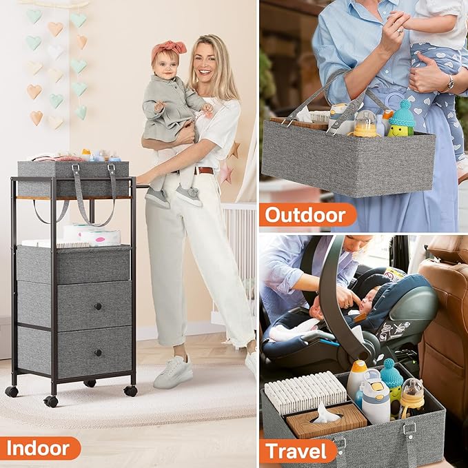 Baby Diaper Caddy Organizer Cart with Drawers - 3In1 Rolling Storage Cart with Wheels, Removable Diaper Caddy, Detachable Dividers - for Crib, Bedroom, Art & Craft Organizer (Black)