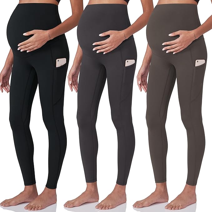 POSHDIVAH 3 Pack Women's Maternity Workout Leggings Over The Belly Pregnancy Yoga Pants with Pockets