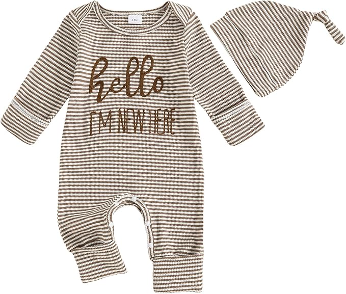 Fernvia Newborn Baby Boy Clothes Letters Print Bodysuit 3 6 9 12 18 Months Long Sleeve Jumpsuit with Hat 2PCS Outfits Set