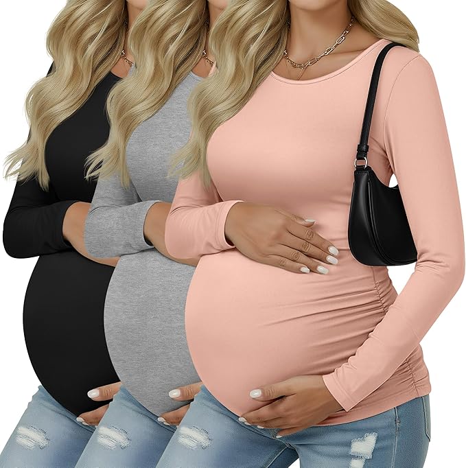 Ficerd 3 Pack Women's Maternity Shirts, Long Sleeve Side Ruched Pregnancy Tee Tops Crew Neck Casual Mama Clothes Basic Tunic