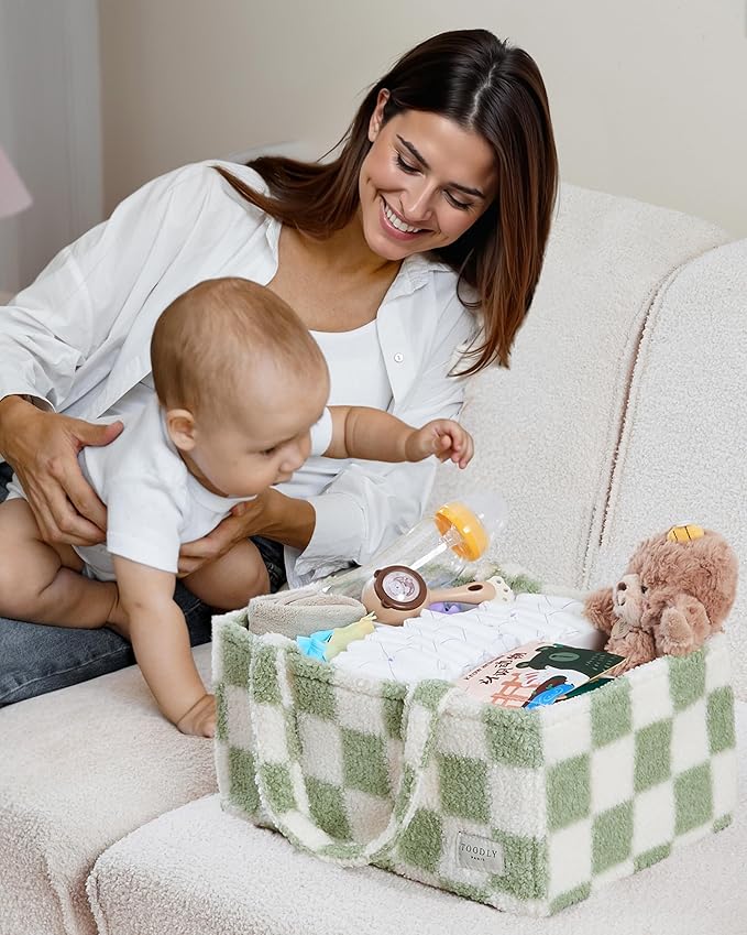 Checkered Diaper Caddy Organizer with Portable Changing Mat - Teddy Fleece Diaper Organizer for Changing Table - Caddy Organizer with Removable Dividers - Green and White
