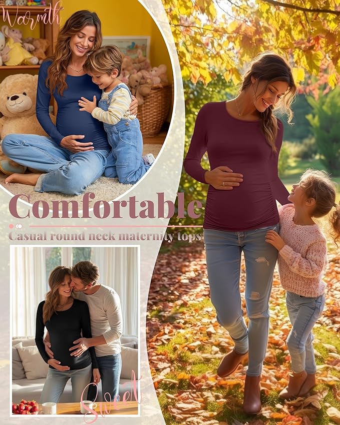 Ficerd 3 Pack Women's Maternity Shirts, Long Sleeve Side Ruched Pregnancy Tee Tops Crew Neck Casual Mama Clothes Basic Tunic