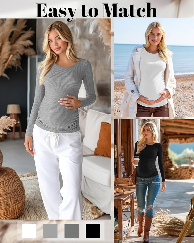 Huukeay 4 Pack Women's Maternity Shirts, Long Sleeve Cotton Ribbed Pregnancy Tops Side Ruched Crew Neck Casual Mama Clothes