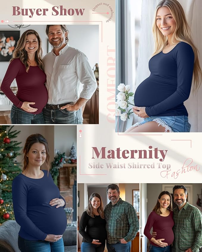 Ficerd 3 Pack Women's Maternity Shirts, Long Sleeve Side Ruched Pregnancy Tee Tops Crew Neck Casual Mama Clothes Basic Tunic
