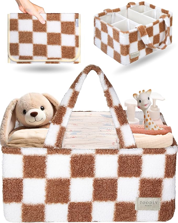 Checkered Diaper Caddy Organizer with Portable Changing Mat - Teddy Fleece Diaper Organizer for Changing Table - Caddy Organizer with Removable Dividers - Light Taupe and White