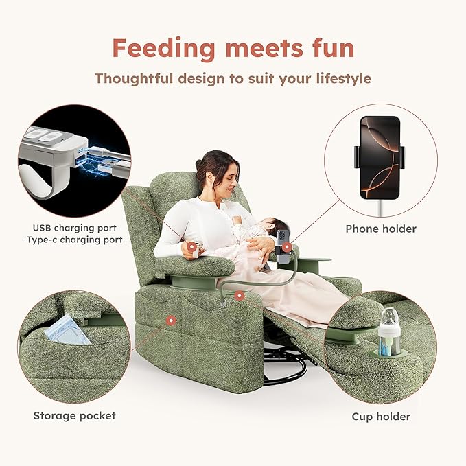 MAMAZING Oversized Rocking Chair Nursery with Adjustable Armrests, Electric Glider Recliner Nursing Chair for Breastfeeding, Power Swivel Recliner Chairs, Oeko-TEX & FSC Certified (Moss Green, Fabric)