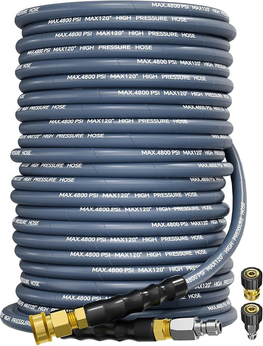 3/8" 4800PSI Pressure Washer Hose 125FT with Swivel Quick Connect for Cold/Hot Water Max 248°F, Kink Resistant Steel Wire Braided, Wear Resistant Power Washer Hose with M22 14mm Adapter