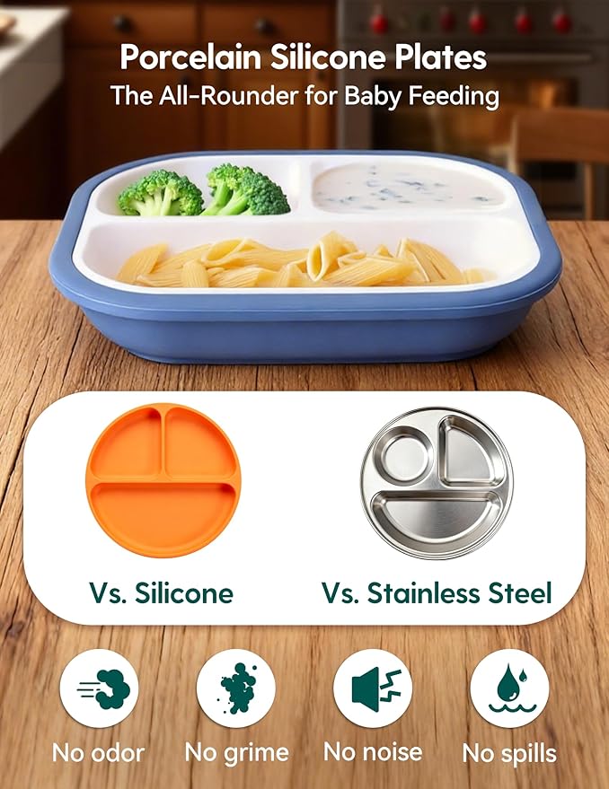 BABELIO 8'' Toddler Porcelain Plates with Silicone Suction Sleeves, Lead & BPA Free, Divided, Microwave & Dishwasher Safe, Stay Put, Suitable for Kids/Babies, Silver Gray