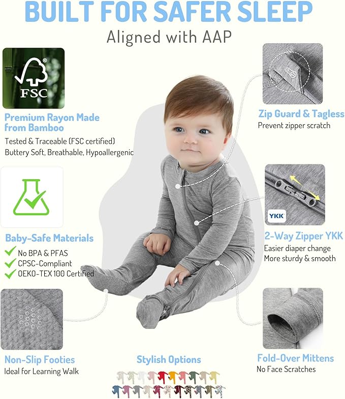 HAPIU Rayon from Bamboo Baby Footed Pajamas, 2 Way Zipper YKK, Footie for Baby Boy Girls, Newborn-24 Months