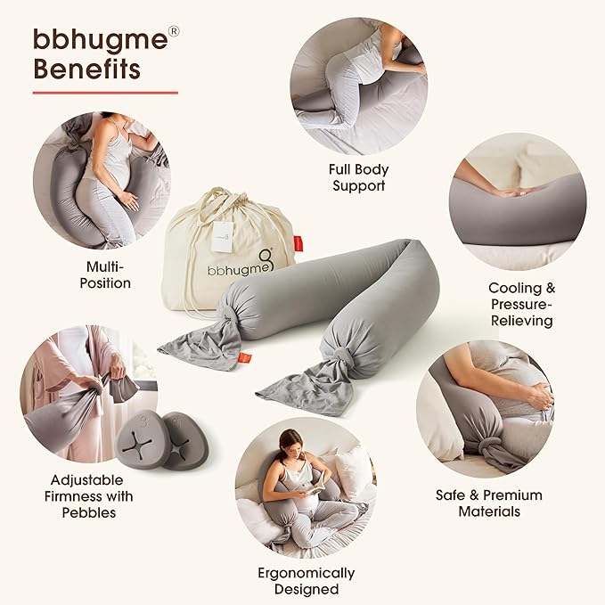 bbhugme Adjustable Pregnancy Pillow – Full Body Support for Side Sleeping - Adjustable Firmness and Shape - Supports Back, Legs, Belly, HIPS for Pregnant Women - Removable Cover - Stone