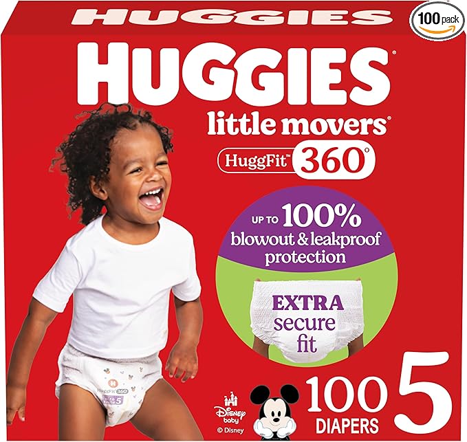 Huggies Size 5 Baby Diapers, Little Movers HuggFit 360° Baby Diapers with 360° Waistband, Size 5 (27+ lbs), 100 Count, Packaging May Vary