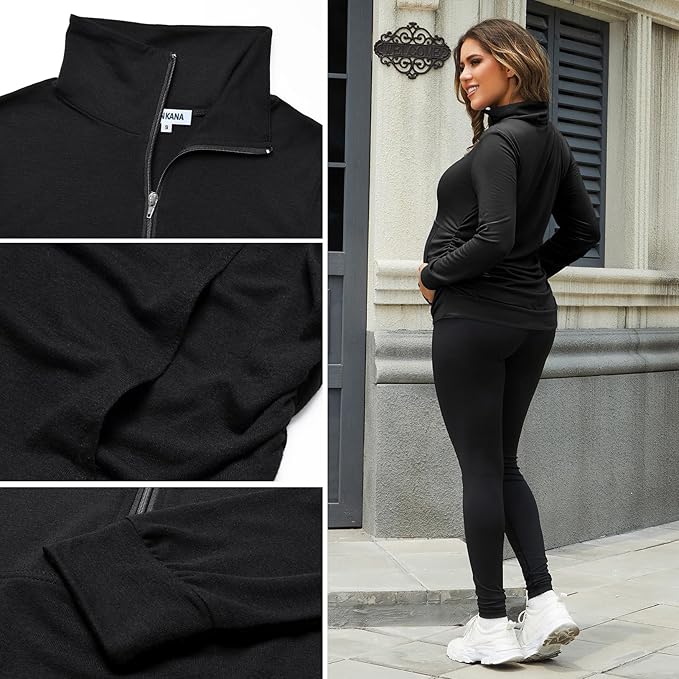 GINKANA Maternity Women's Long Sleeve Shirt Half Zipper Lapel Lightweight Casual Maternity Pullover with Pockets