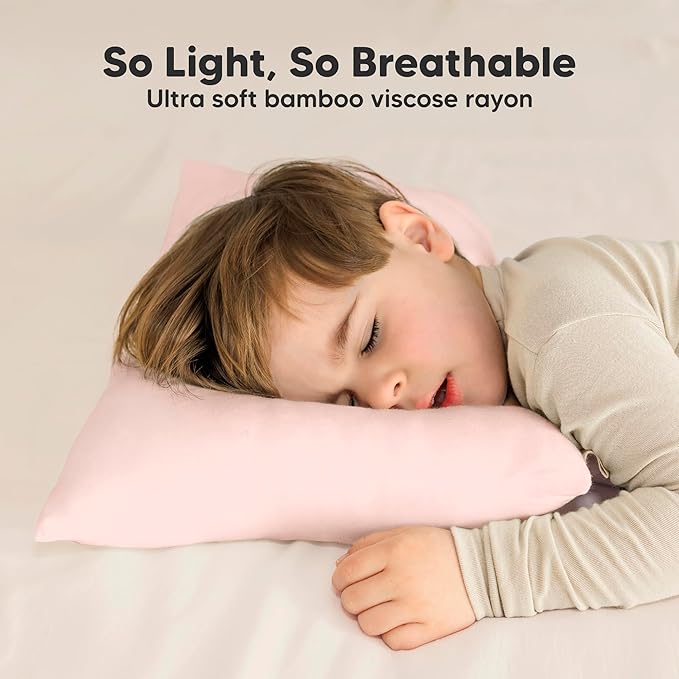 Toddler Pillow with Pillowcase - 13x18 My Little Cuddly Pillow, Viscose Derived From Bamboo Nursery Toddler Pillows for Sleeping, Kids Pillow, Small Travel Pillows, Mini Toddler Bed Pillow (Mist Pink)