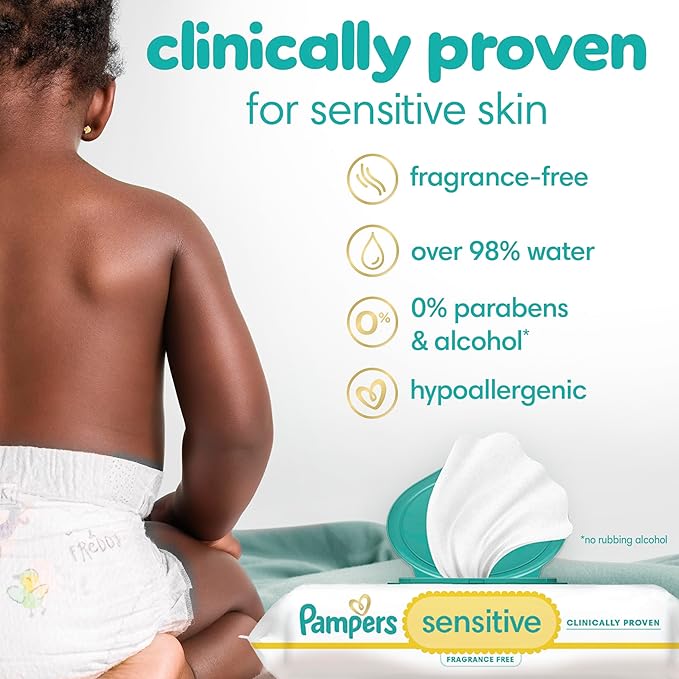 Pampers Baby Wipes Sensitive, Water Based Wipes, Hypoallergenic and Unscented Wipes, 192 Wipes Total (3 Refill Packs)