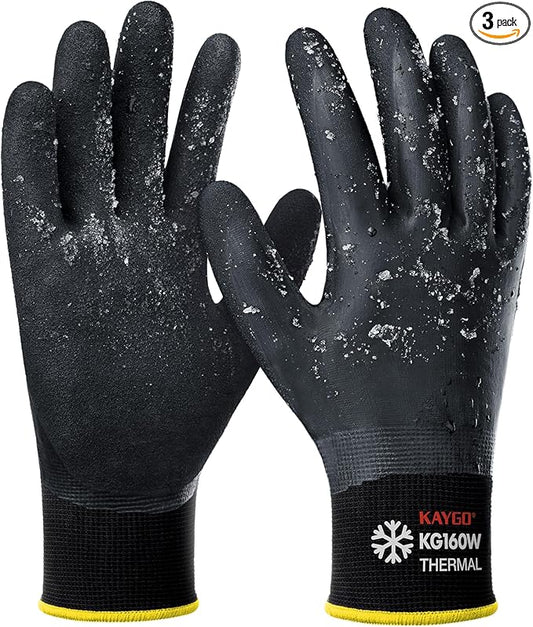 KAYGO Winter Waterproof Work Gloves for Men and Women, 3 Pairs Thermal Insulated Freezer Rubber Coated Gloves,Super Grip,KG160, XL, Black