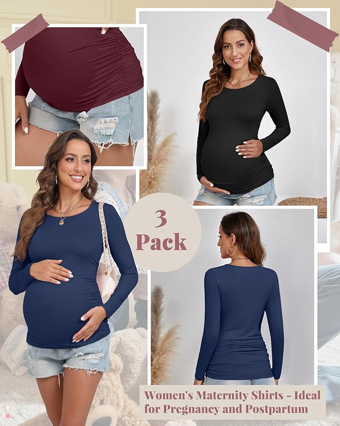 Ficerd 3 Pack Women's Maternity Shirts, Long Sleeve Side Ruched Pregnancy Tee Tops Crew Neck Casual Mama Clothes Basic Tunic