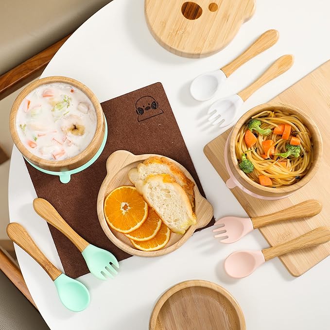 Baby Bowls with Lid,HBM Bamboo Suction Bowls for Baby and Spoon Set,3PC Feeding Supplies Set for Infant, Toddlers,Detachable Silicone Suction Stay Put Base for Wooden Bowl (Pink)