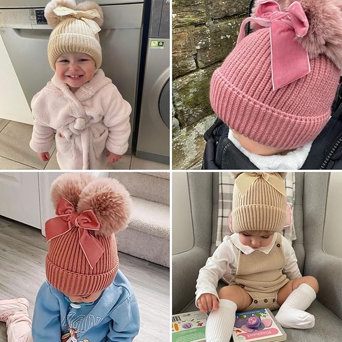 Personalized Toddler Beanie Hat with Bow - Custom Winter Pom Pom Beanies - Leater Patch Baby Warm Knit Hats