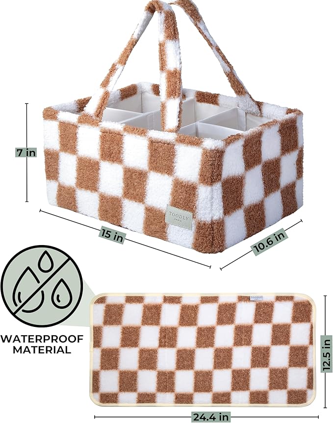 Checkered Diaper Caddy Organizer with Portable Changing Mat - Teddy Fleece Diaper Organizer for Changing Table - Caddy Organizer with Removable Dividers - Light Taupe and White