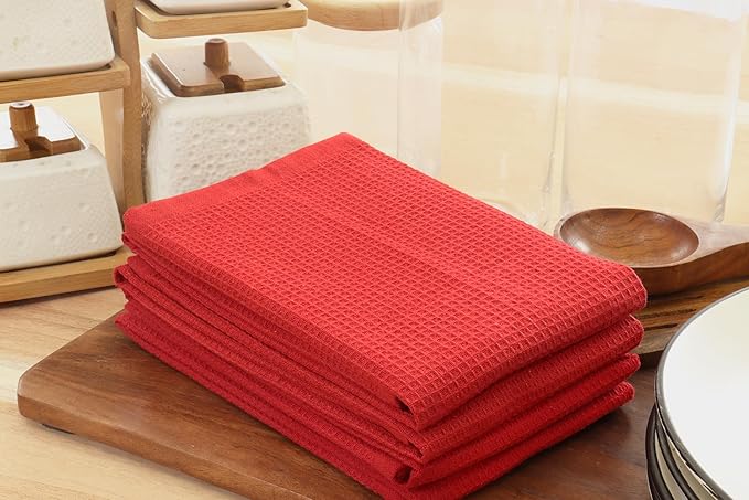 PurpleEssences Waffle Weave Kitchen Towel, 100% Cotton - 15 x 25 Inches, with Hanging Loop Ultra Soft Absorbent Quick Drying Dish Cloth, Tea and Hand Towels, 6 Pack - Fall Thanksgiving - Red