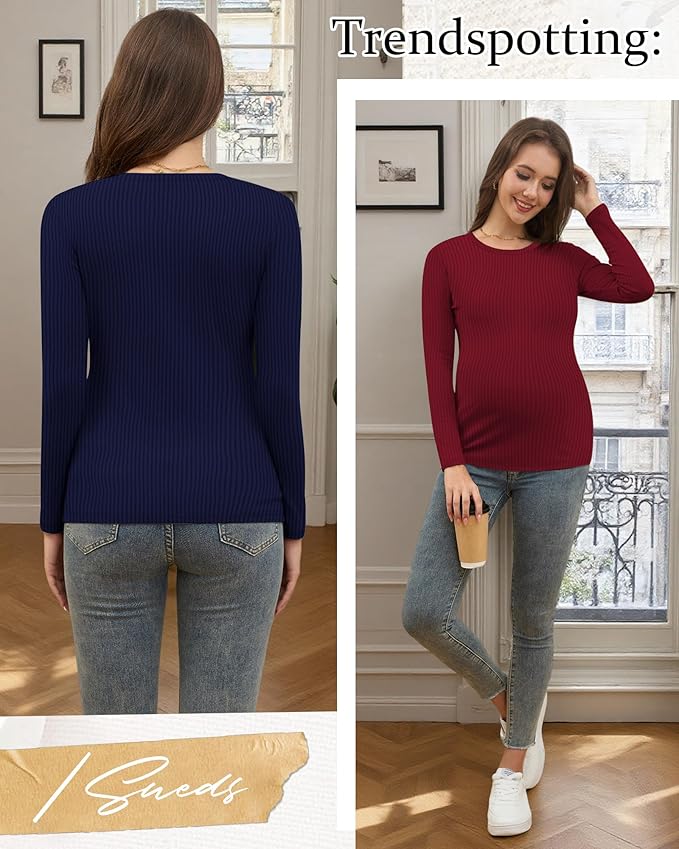 Riyiper 3 Pack Women's Maternity Shirts Long Sleeve Ribbed Knit Pregnancy Tees Cotton Crewneck Tunic Clothes Casual Fall Tops