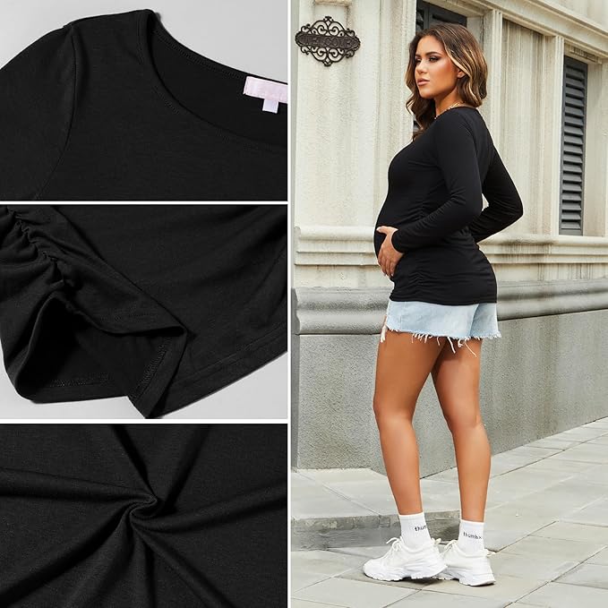 Bhome Women's Maternity Shirts 3 Packs Long Sleeve Pregnancy Tops Basic Side Ruched Tunic Blouse