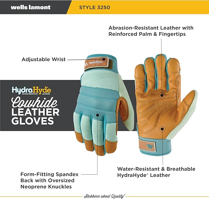 Wells Lamont Women's HydraHyde Leather Hybrid Gloves – Water-Resistant, Durable Cowhide Palm, Spandex Stretch Back – Ideal Landscaping/Farming/Gardening Gloves – Adjustable Wrist – Small, Blue (3250S)