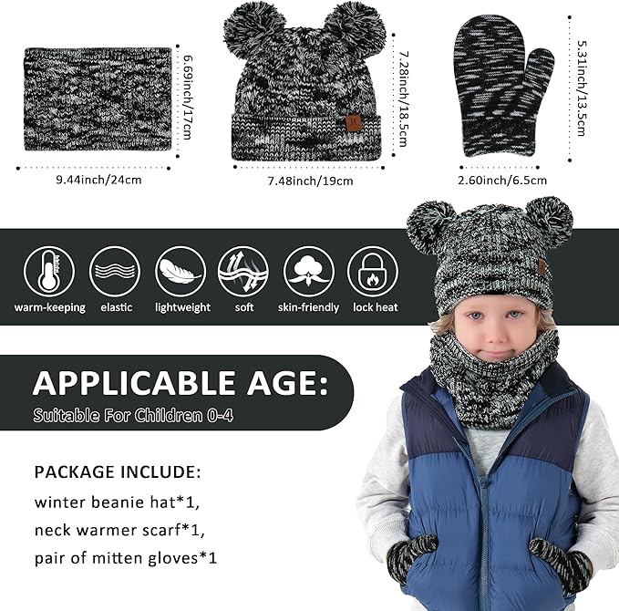Kids Toddlers Winter Beanie Hats Gloves Neck Scarf Set Mittens Gifts for 0 6 12 Months 1 2 3 4-8 Year Old Baby Girls Boys