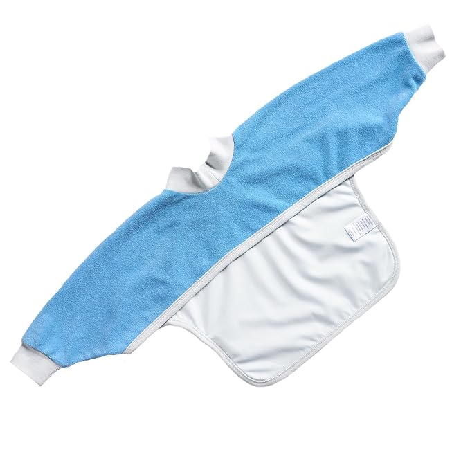 Kiddologic Bibit-all Baby Feeding Bib, Long Sleeves with Ribbed Cuffs and High Collar, Comfortable Stretchy Pullover Smock, Soft Absorbent Terry, Waterproof Lining, Infant Boy 6-12 Months, Sky Blue