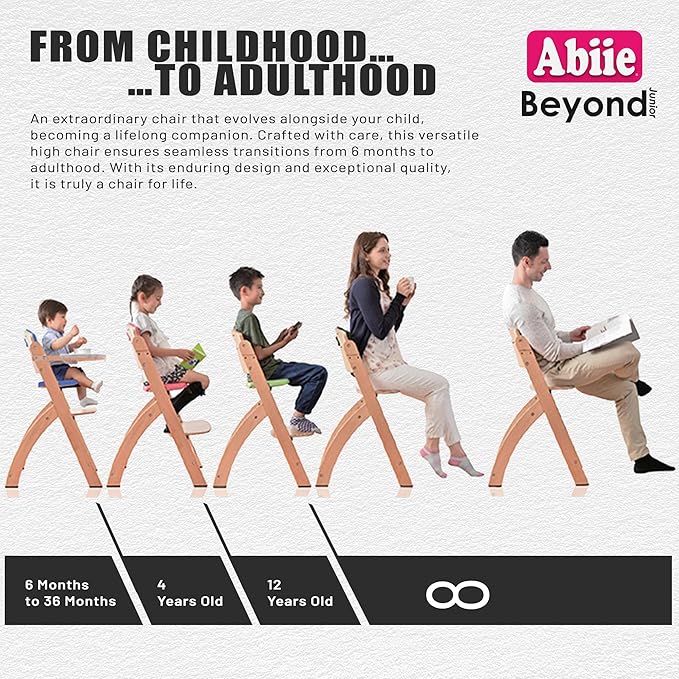 Abiie Beyond Junior Wooden High Chair with Tray - Adjustable and Convertible High Chair for Babies and Toddlers - 6 Months to 250 Lb - Water Resistant - Misty Grey Wood/Black Pearl Cushion